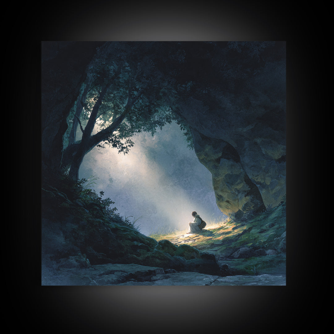 Mystic Cave Seeker Framed Canvas Print, Fantasy Wall Art, Moody Forest Decor, Surreal Adventure Art, Meditation Room Decor
