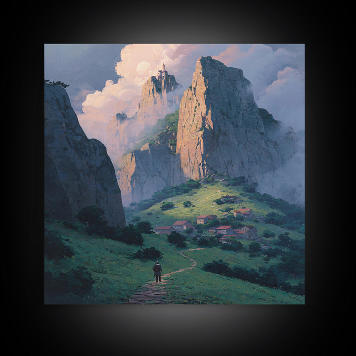 Fantasy Mountain Village Below Castle Wall Art, Dreamy Landscape Print, Storybook Decor, Whimsical Fantasy Art, Nursery Wall Art