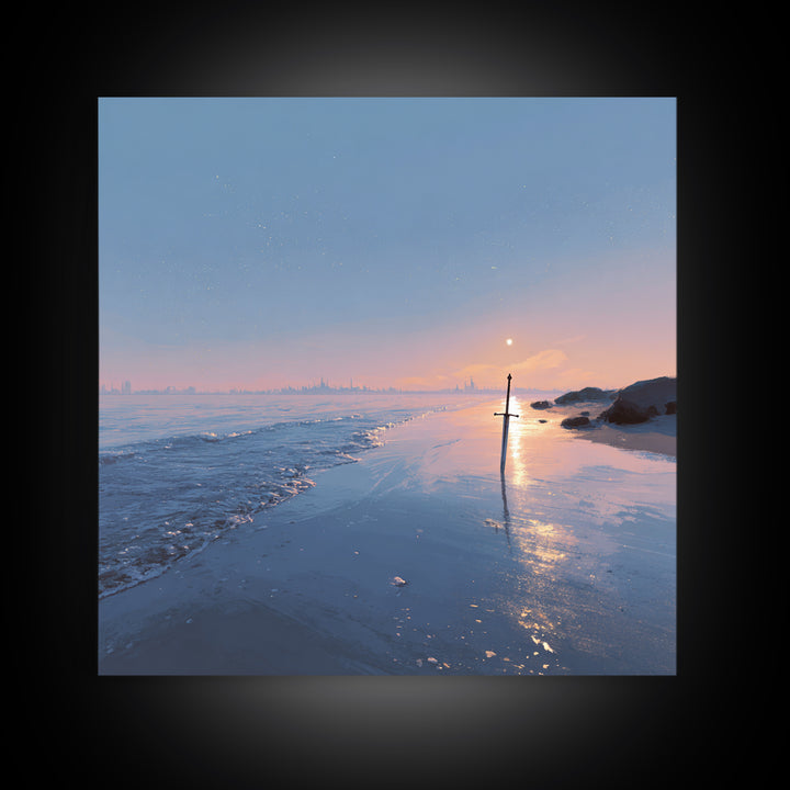 Pastel Beach Sunset With Sword Reflection Wall Art, Coastal Canvas Print, Minimal Ocean Landscape Bedroom Decor Gift For Her