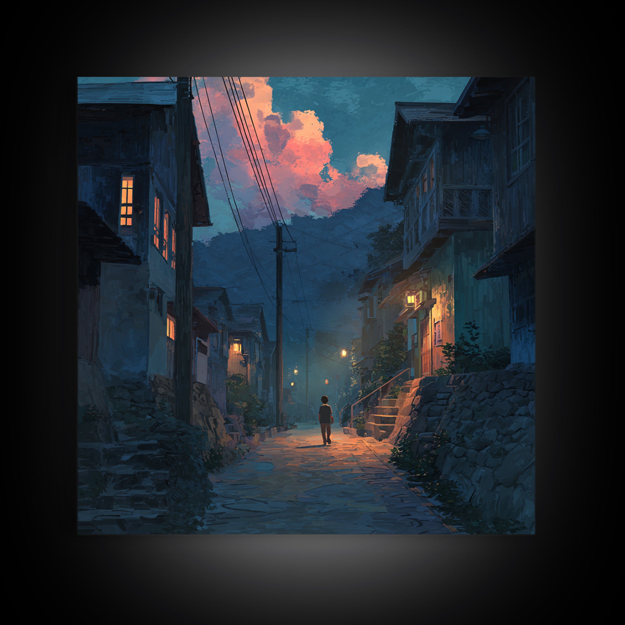 Child Walking Through Twilight Mountain Village Canvas Print, Moody Alley Wall Art, Cozy Blue Landscape, Whimsical Decor