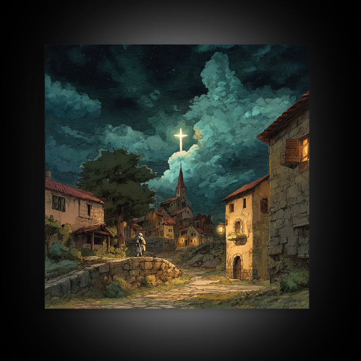 Moonlit Christian Village With Glowing Cross Wall Art, Storybook Church Canvas Print, Rustic Faith Decor For Cozy Home Decor