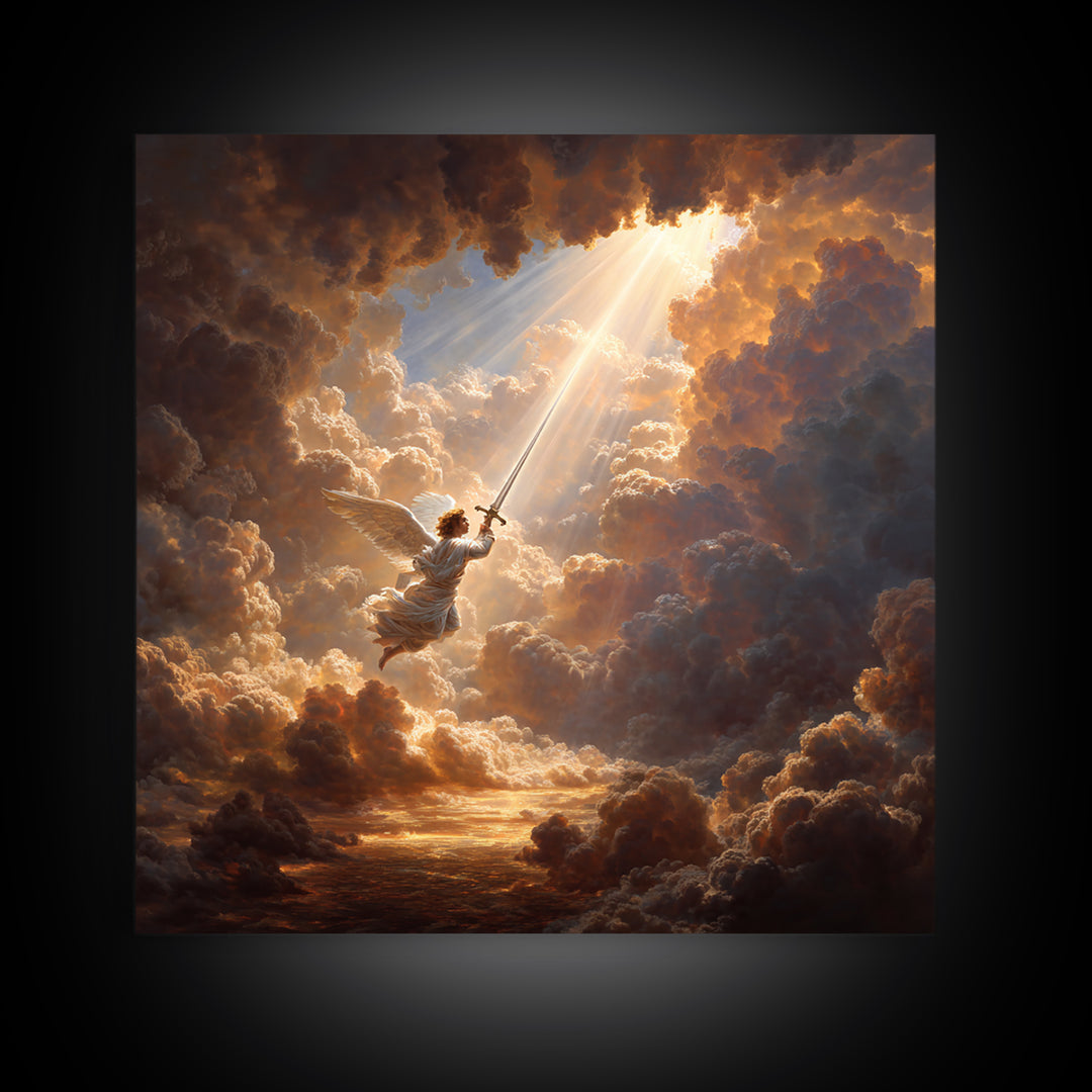 Angelic Warrior In Storm Clouds Framed Canvas Print, Christian Wall Art, Celestial Sword Painting For Prayer Room Decor Gift