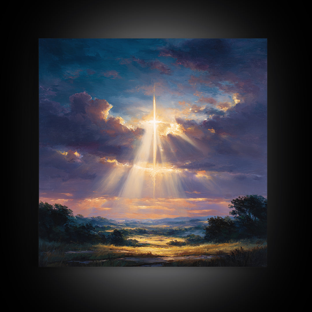 Radiant Cross Above Sunrise Valley Wall Art, Christian Landscape Canvas Print, Spiritual Decor, Inspirational Faith Gift