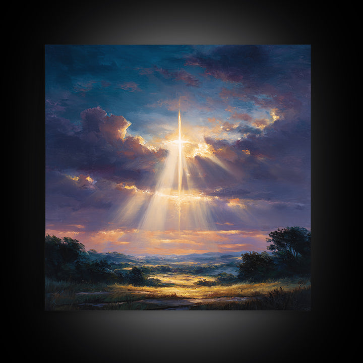 Radiant Cross Above Sunrise Valley Wall Art, Christian Landscape Canvas Print, Spiritual Decor, Inspirational Faith Gift