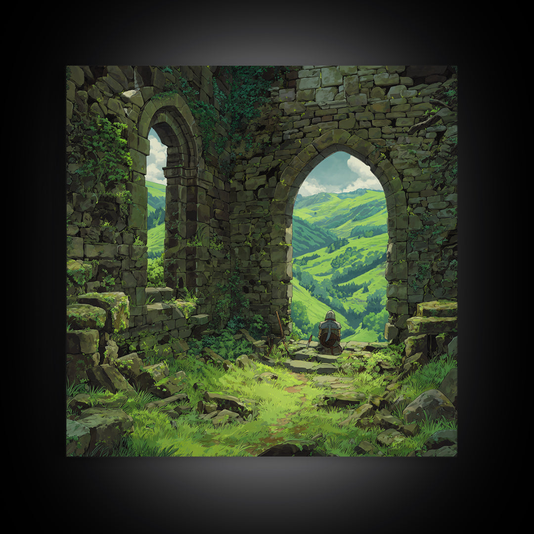 Castle Ruins Green Valley Knight Wall Art, Fantasy Landscape Canvas Print, Medieval Adventure Home Decor, Gamer Gift For Him