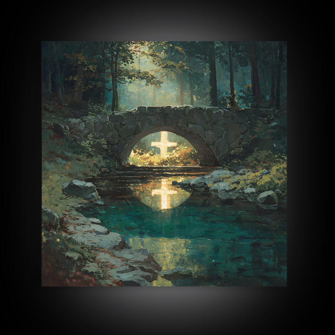Glowing Cross Beneath Stone Bridge Framed Canvas Print, Christian Wall Art, Forest Stream Landscape, Calming Home Decor Gift