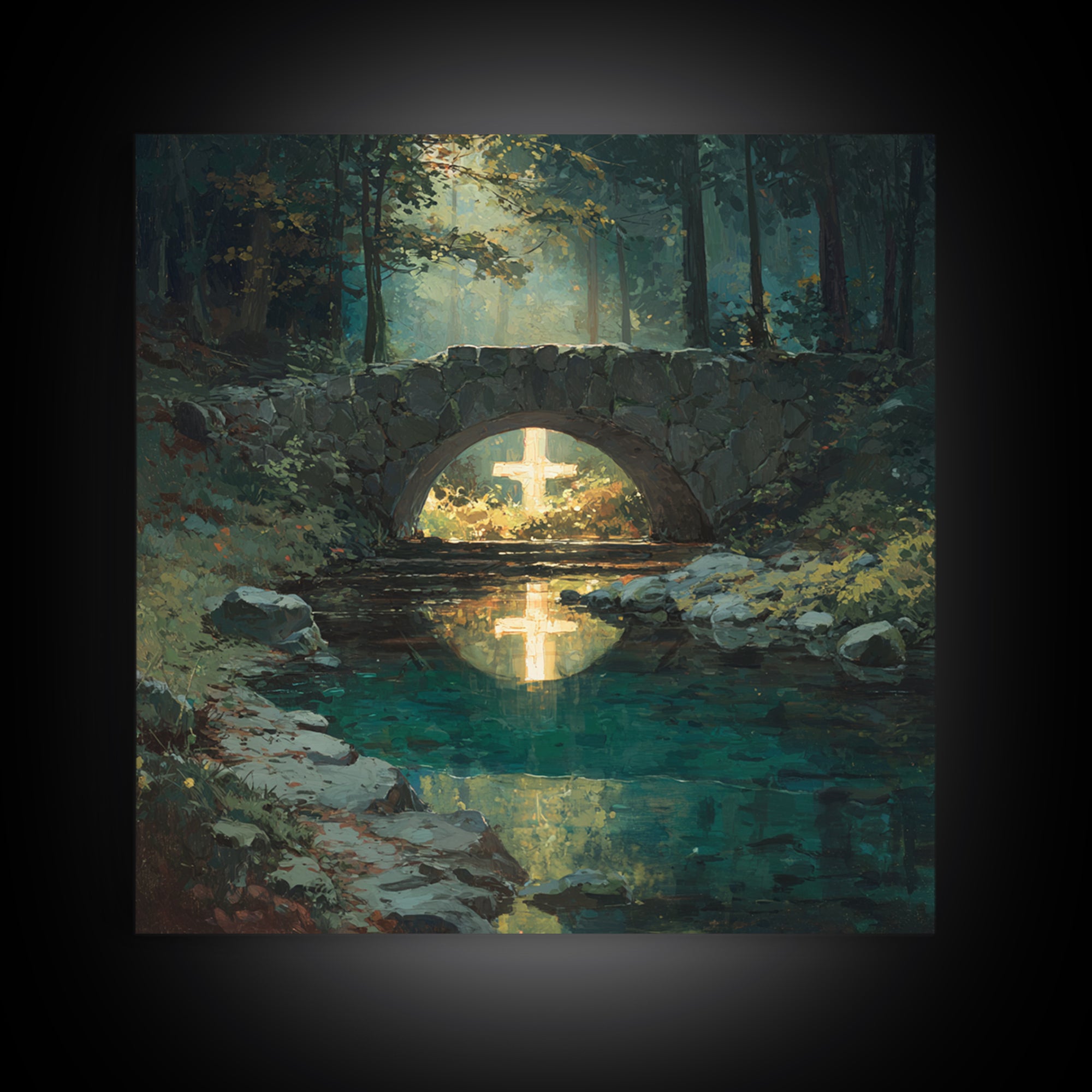Glowing Cross Beneath Stone Bridge Framed Canvas Print, Christian Wall Art, Forest Stream Landscape, Calming Home Decor Gift