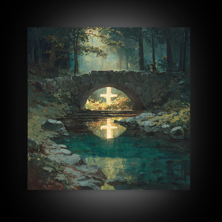 Glowing Cross Beneath Stone Bridge Framed Canvas Print, Christian Wall Art, Forest Stream Landscape, Calming Home Decor Gift