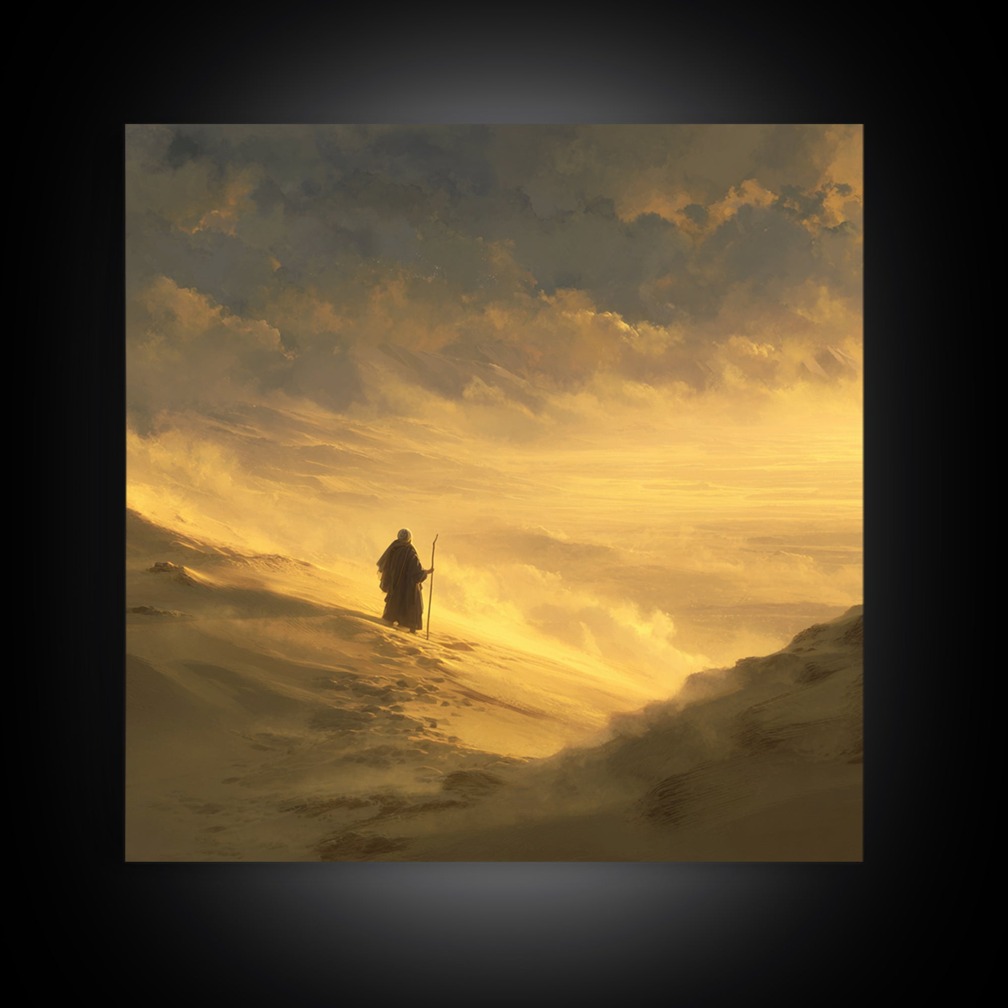 Lone Pilgrim Crossing Golden Desert Wall Art, Spiritual Landscape Canvas Print, Minimalist Desert Decor, Warm Neutral Home Decor