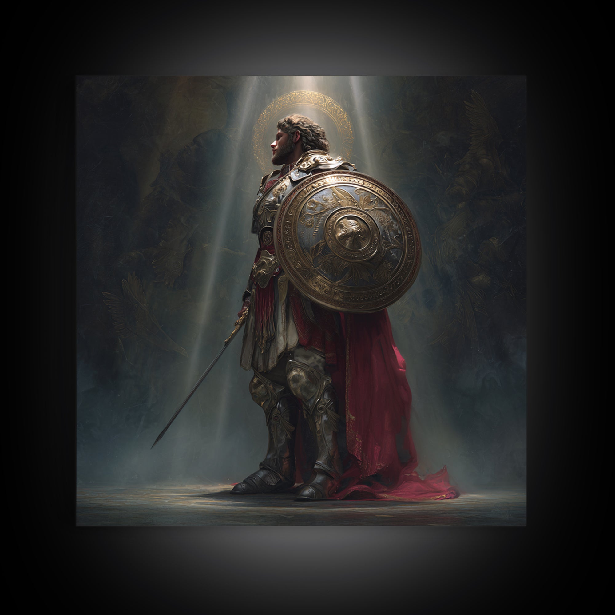Angelic Warrior With Shield Framed Canvas Print, Dark Fantasy Wall Art, Renaissance Knight Decor For Dramatic Home Decor
