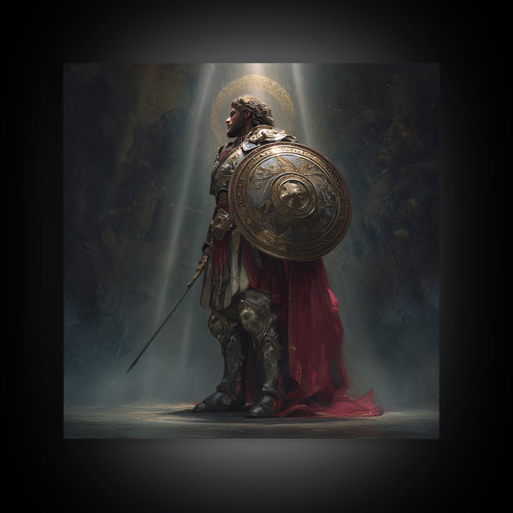 Angelic Warrior With Shield Framed Canvas Print, Dark Fantasy Wall Art, Renaissance Knight Decor For Dramatic Home Decor