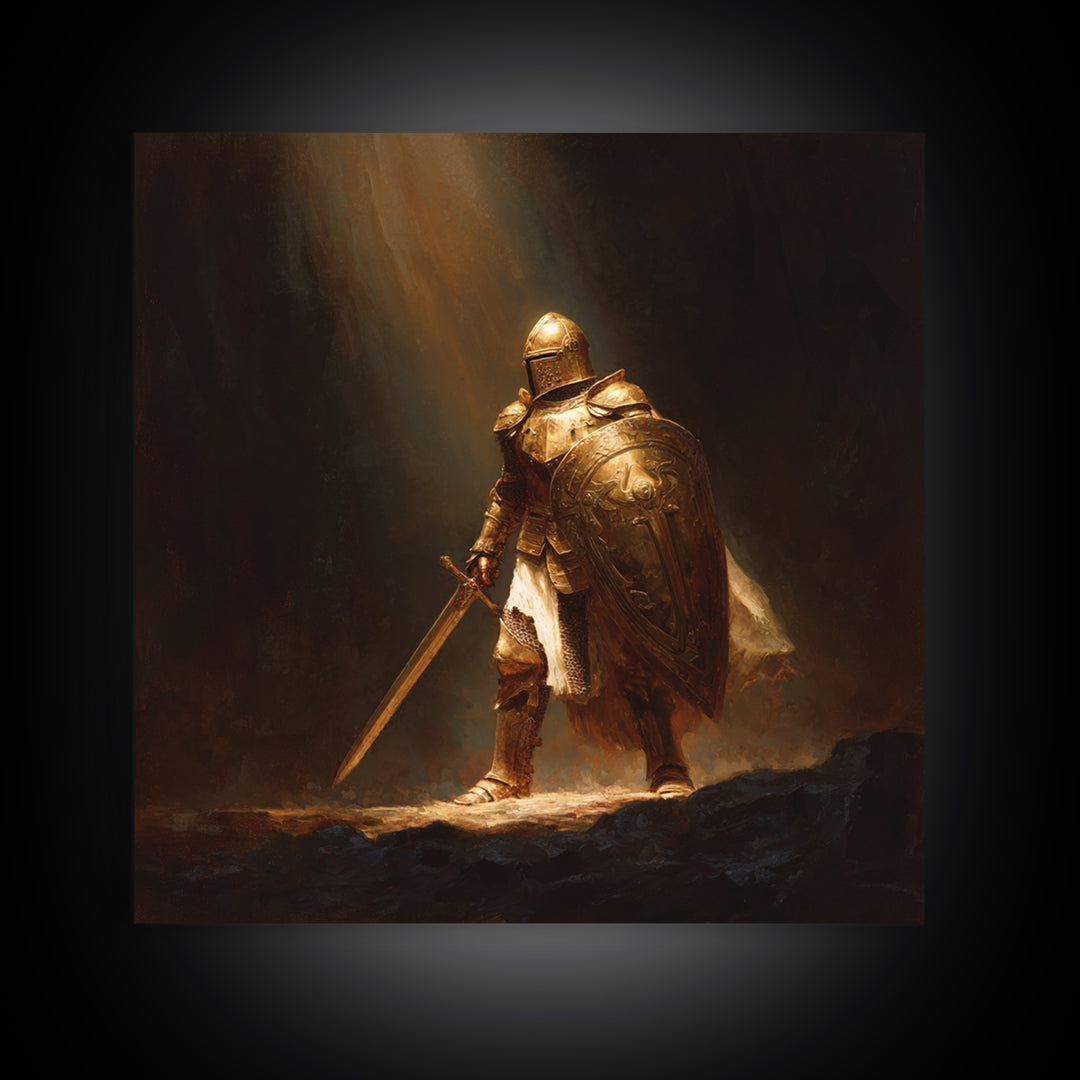 Golden Knight With Sword Canvas Print, Dark Fantasy Warrior Wall Art, Medieval Armor Painting, Masculine Office Decor, Gift For Him