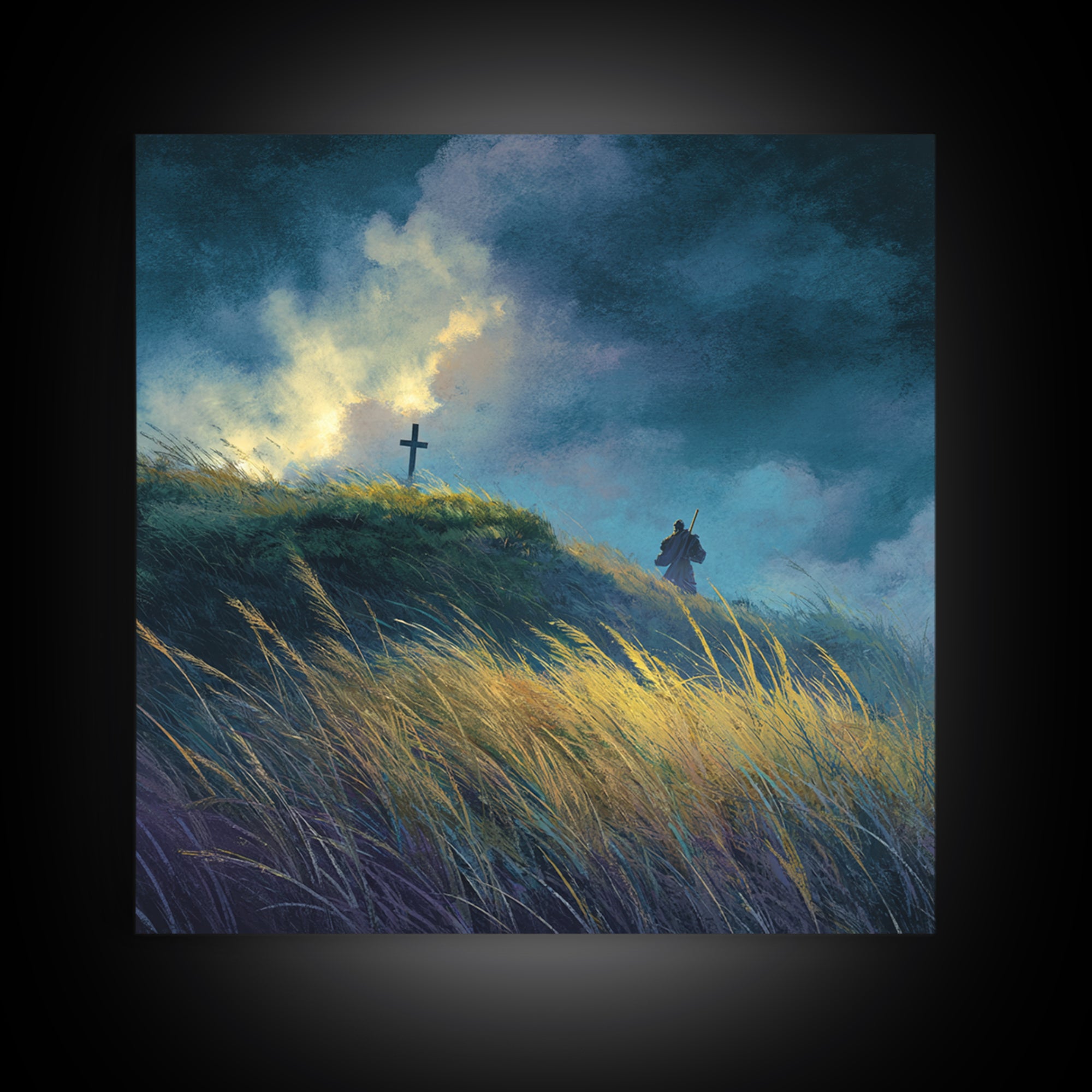 Solitary Pilgrim Near Cross Wall Art, Moody Christian Canvas Print, Windy Grassland, Spiritual Landscape Decor Gift For Him