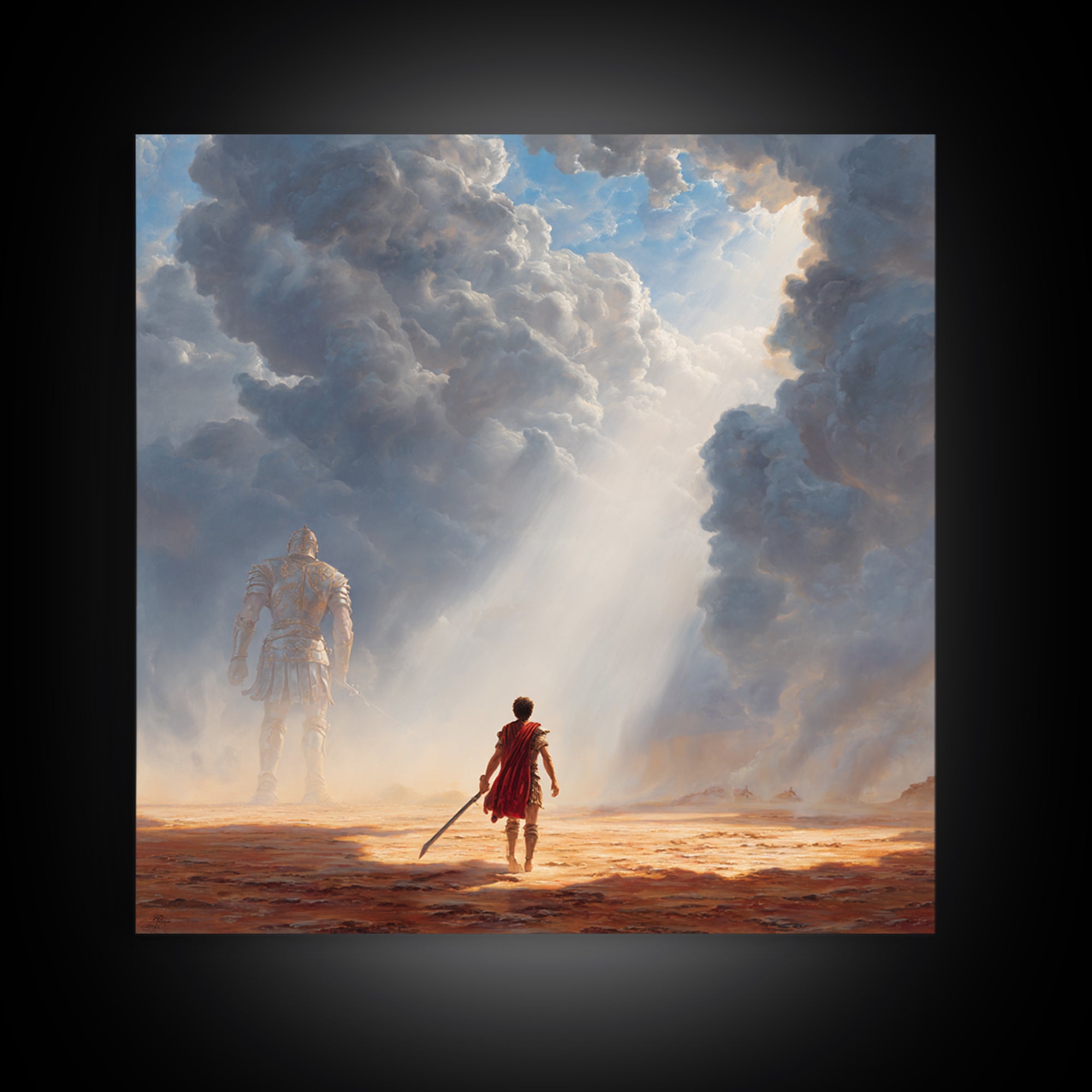 Young Hero Facing Cloud Giant Wall Art, Epic Fantasy Landscape Canvas Print, Mythological Adventure Decor, Gift For Gamer