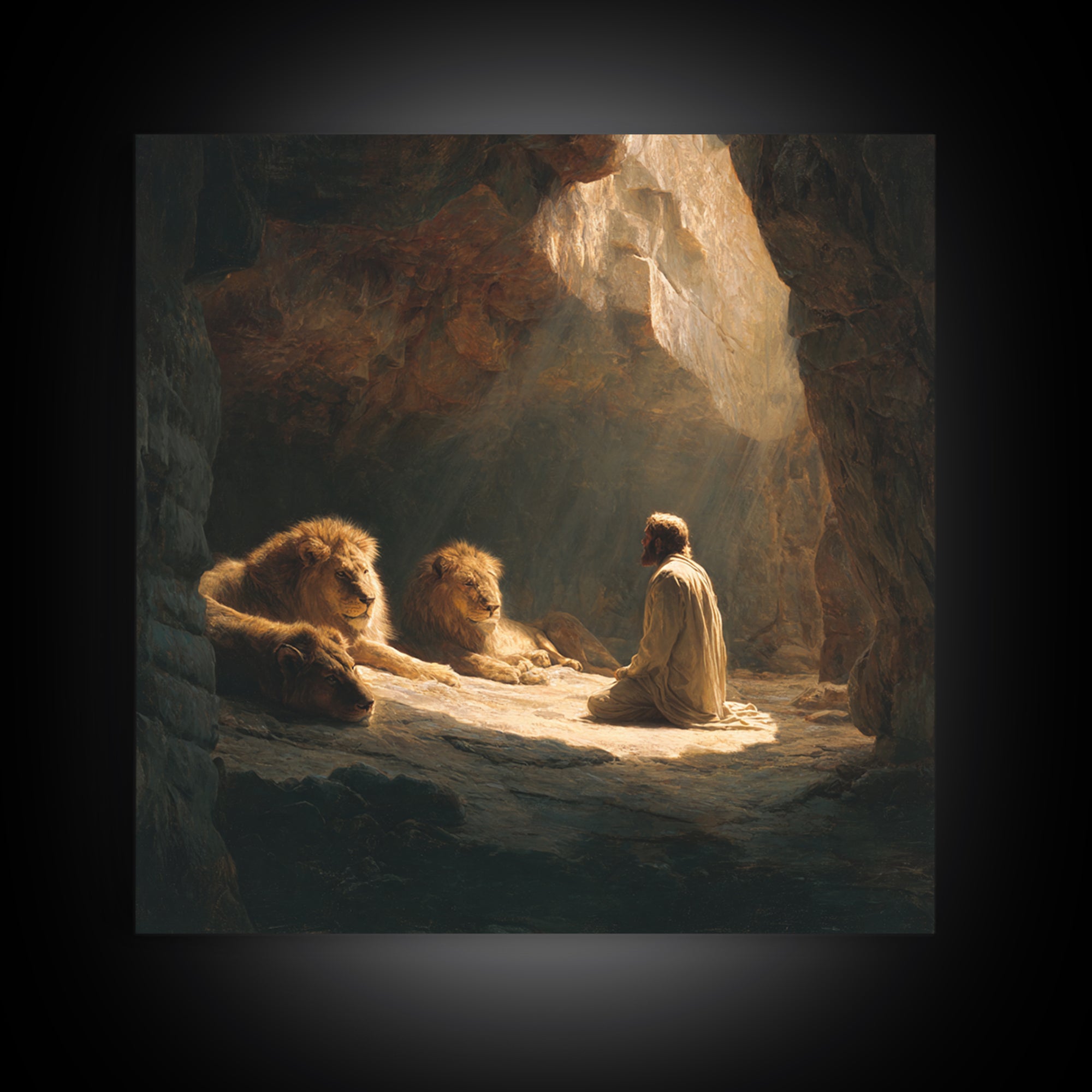 Daniel With Lions In Cave Wall Art, Biblical Christian Canvas Print, Jesus Artwork, Religious Home Decor Gift For Prayer Room