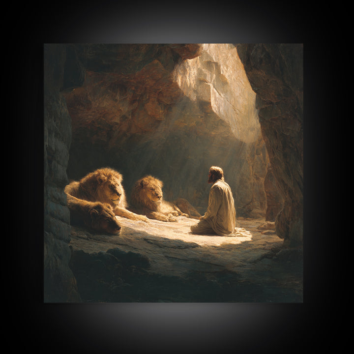 Daniel With Lions In Cave Wall Art, Biblical Christian Canvas Print, Jesus Artwork, Religious Home Decor Gift For Prayer Room