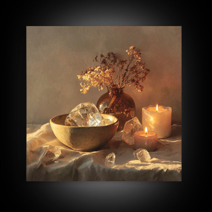 Glowing Candles Crystals And Dried Flowers Wall Art, Spiritual Still Life Canvas Print, Cozy Spa Decor For Bedroom And Meditation Room