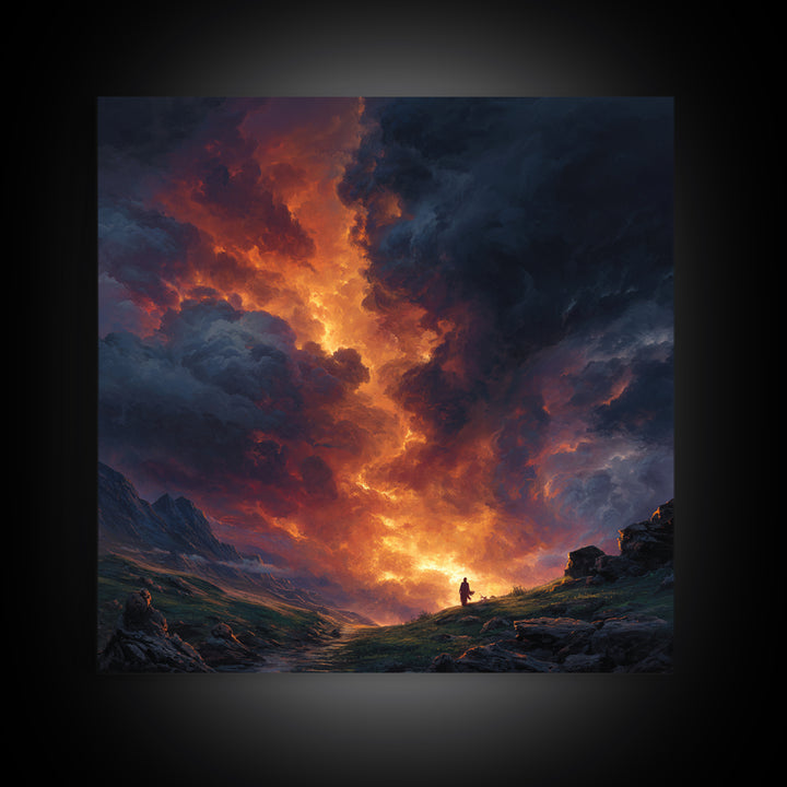 Fiery Mountain Storm At Sunset Wall Art, Dramatic Fantasy Landscape Canvas Print, Moody Maximalist Living Room Decor Gift