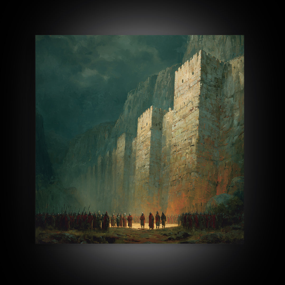 Towering Fortress In Misty Canyon Canvas Print, Epic Fantasy Wall Art, Medieval Castle Decor, Large Statement Artwork Print