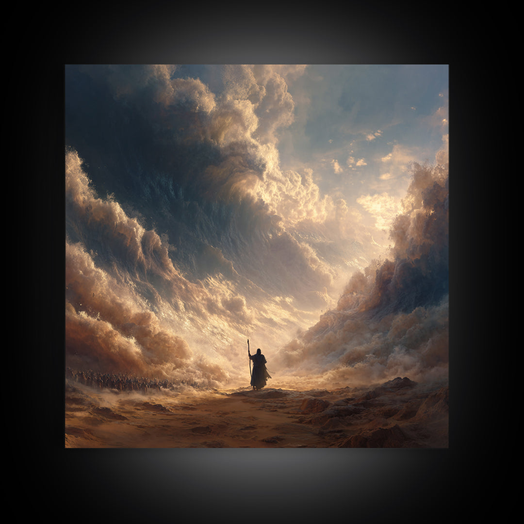 Biblical Sea Parting Prophet In Golden Storm Wall Art, Christian Canvas Print, Dramatic Religious Housewarming Gift Home Decor