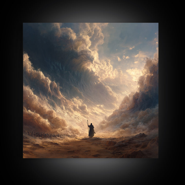 Biblical Sea Parting Prophet In Golden Storm Wall Art, Christian Canvas Print, Dramatic Religious Housewarming Gift Home Decor
