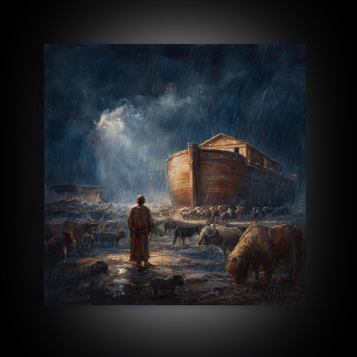 Noahs Ark In Stormy Rain With Animals Canvas Print, Biblical Wall Art, Christian Decor, Dramatic Nursery Or Living Room Art