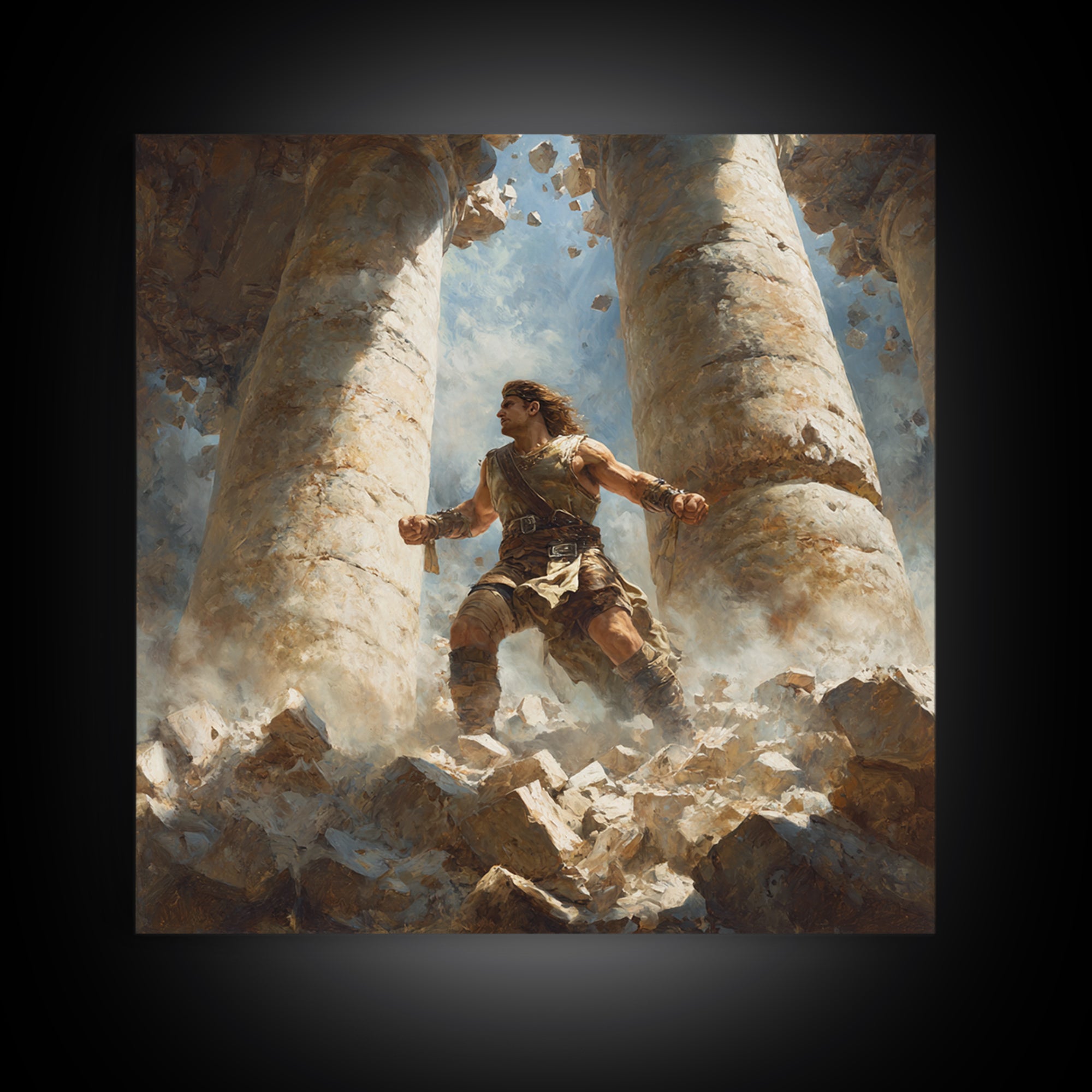 Heroic Warrior Among Crumbling Columns Wall Art, Fantasy Canvas Print, Ancient Ruins Decor, Mythology Artwork Gift For Him