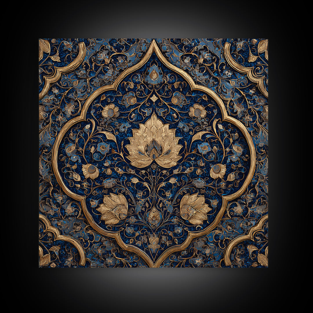 Ornate Blue Gold Islamic Floral Pattern Wall Art, Moroccan Tile Canvas Print, Elegant Arabic Home Decor For Living Room Wall