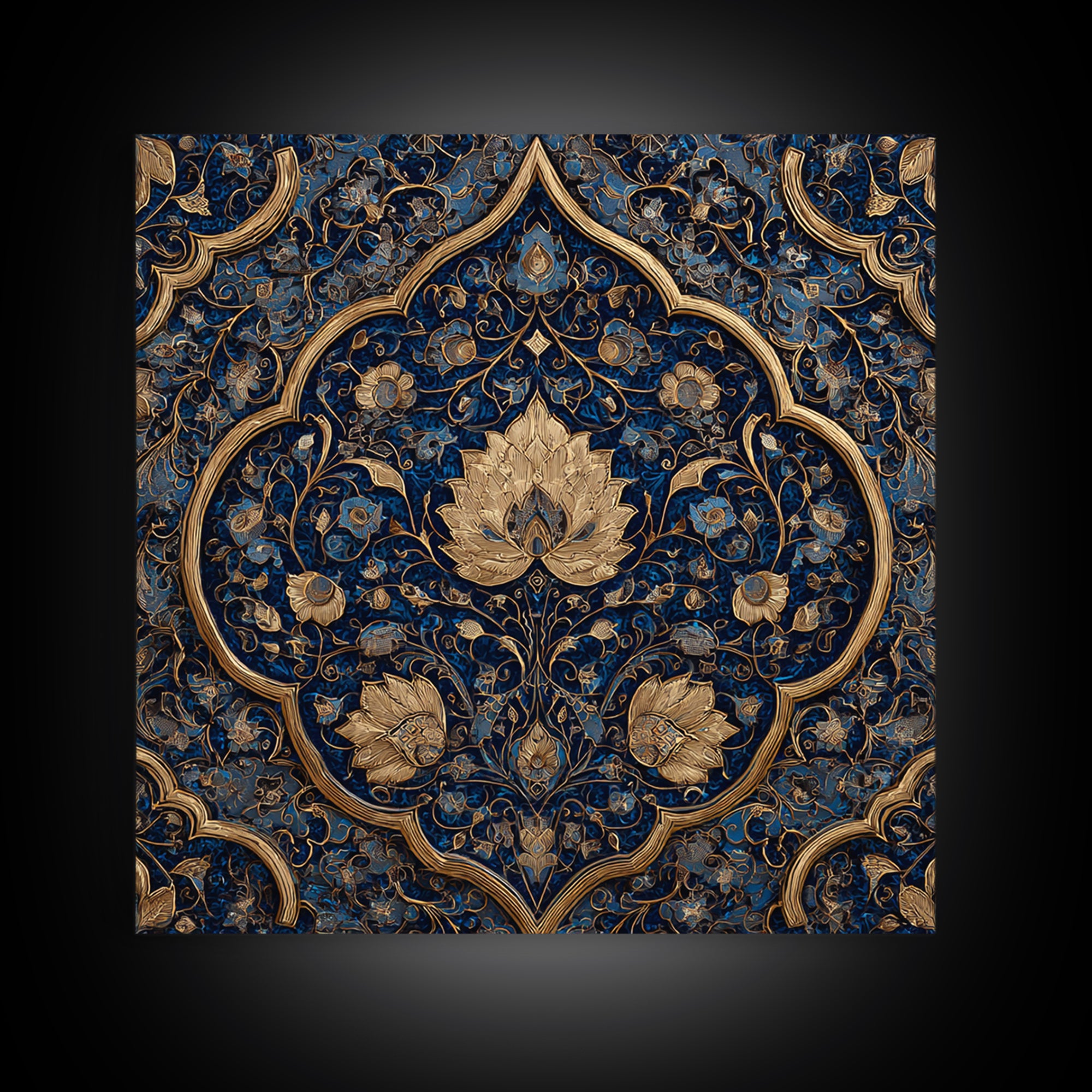 Ornate Blue Gold Islamic Floral Pattern Wall Art, Moroccan Tile Canvas Print, Elegant Arabic Home Decor For Living Room Wall