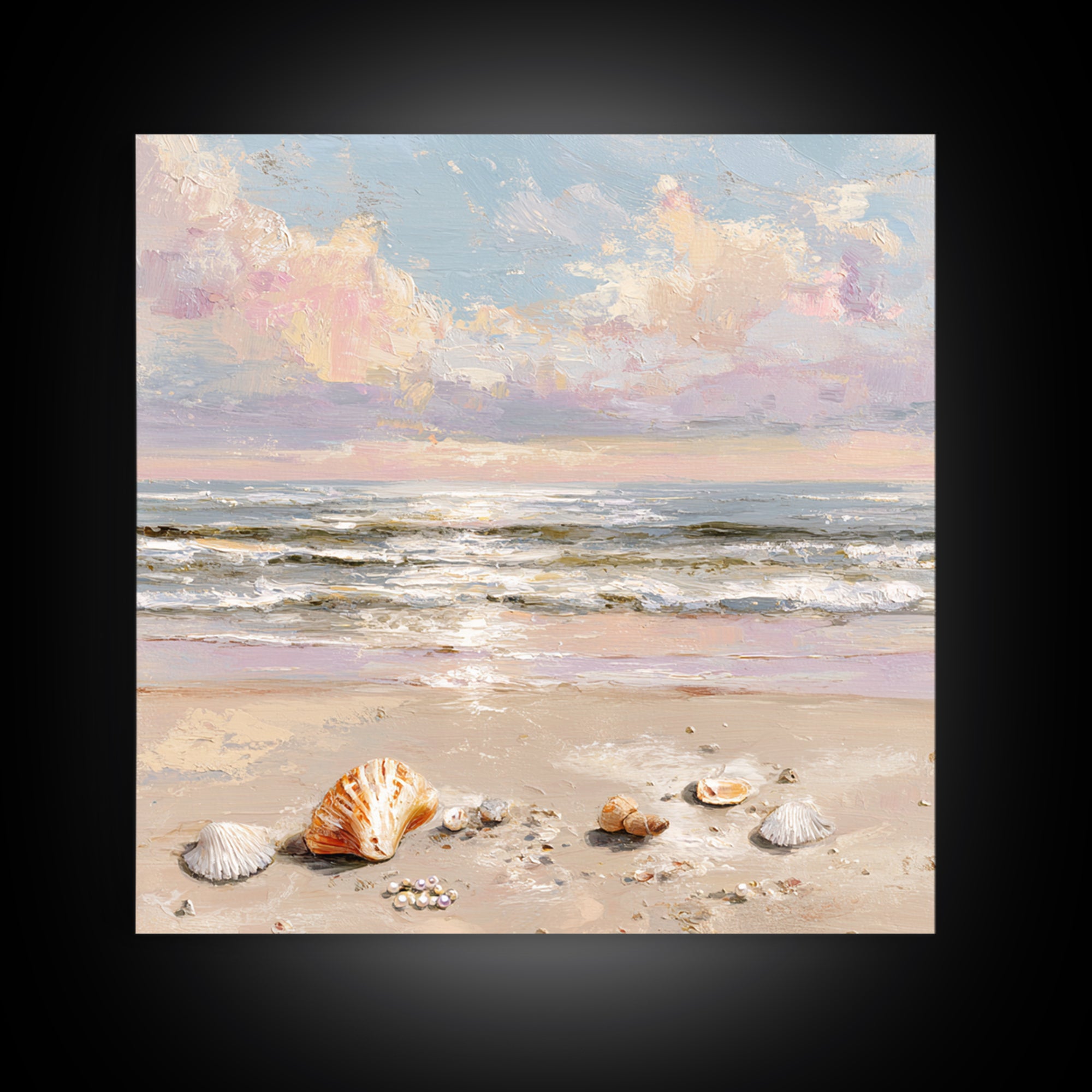 Pastel Ocean Waves And Seashells Wall Art, Coastal Seascape Framed Canvas Print, Beach House Living Room Decor For Bedroom