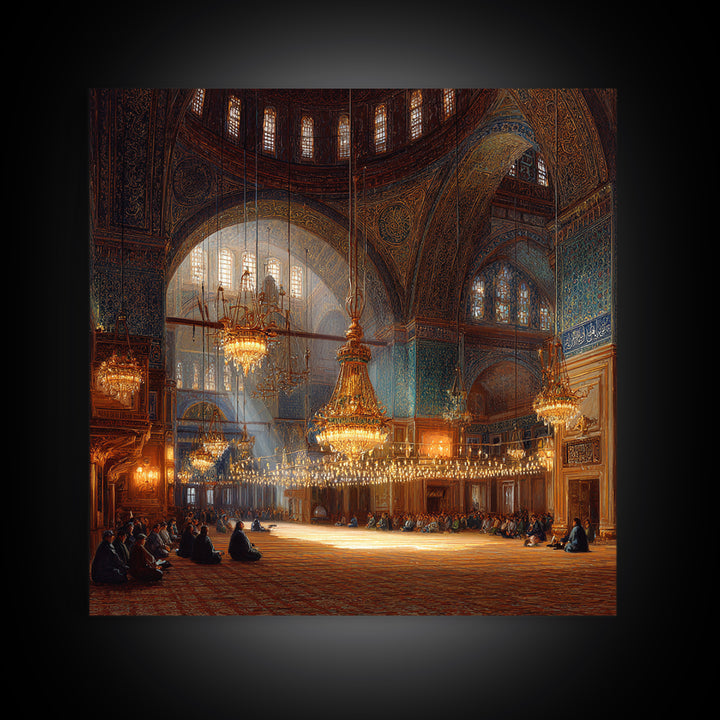 Ornate Mosque Interior With Chandeliers Wall Art, Islamic Architecture Framed Canvas Print, Prayer Room Decor, Luxury Wall Decor
