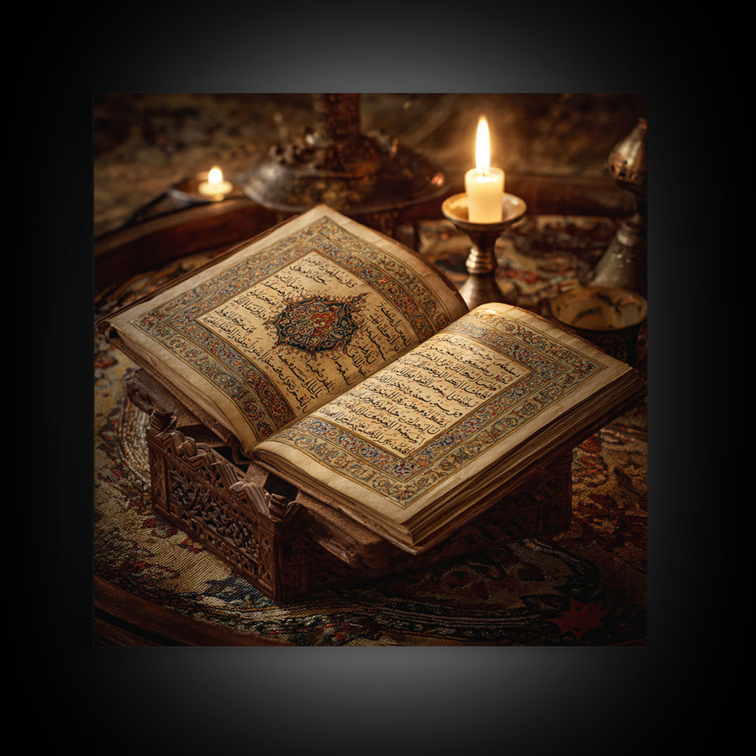 Illuminated Quran Manuscript With Candlelight Framed Canvas Print, Islamic Calligraphy Wall Art, Prayer Room Decor Gift Idea