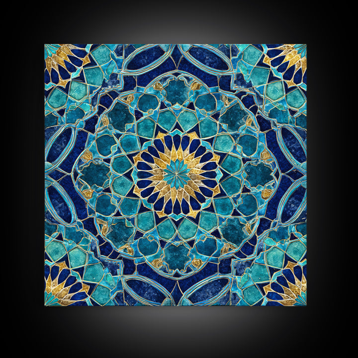 Teal Islamic Geometric Tile Wall Art, Moroccan Mosaic Pattern, Blue Gold Boho Decor, Mediterranean Canvas Print, Kitchen Decor