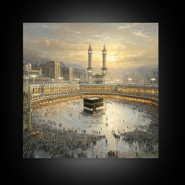 Golden Mecca Kaaba Pilgrimage Canvas Print, Islamic Wall Art, Masjid Al Haram Decor, Spiritual Muslim Gift For Home And Prayer Room