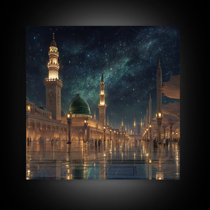 Starry Mosque Courtyard At Night Canvas Print, Islamic Architecture Wall Art, Celestial Decor, Muslim Home Decor Gift Idea