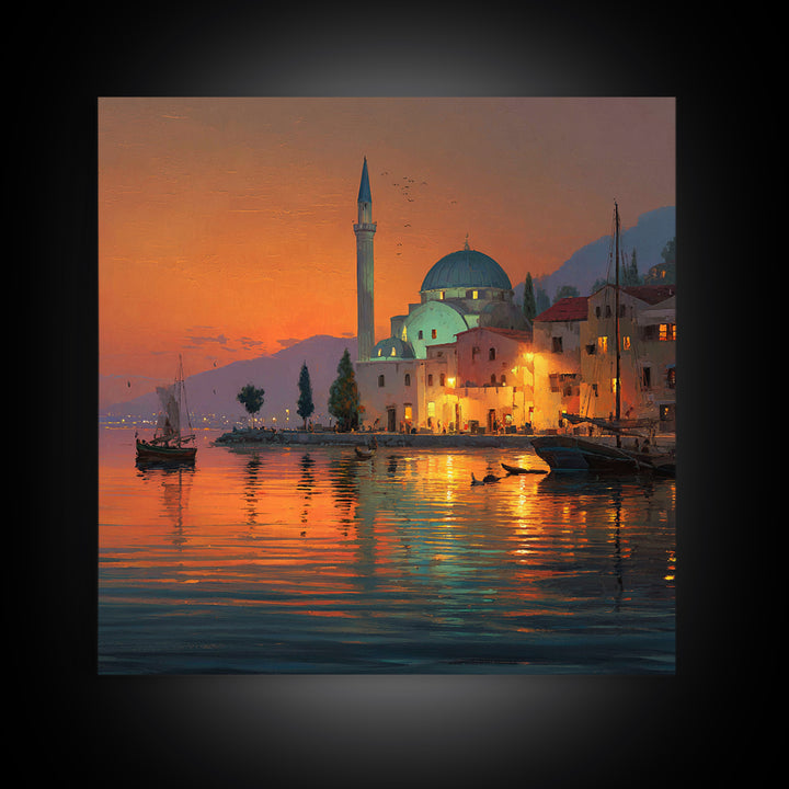 Waterfront Mosque At Orange Sunset Canvas Print, Islamic Architecture Art, Coastal Wall Decor, Travel Poster For Living Room