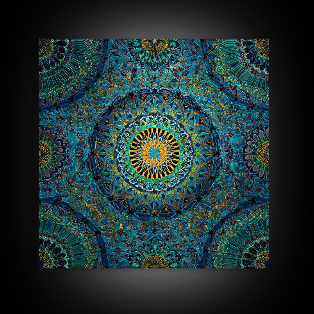 Teal Gold Geometric Mandala Wall Art, Sacred Geometry Abstract Print, Boho Spiritual Decor, Modern Meditation Room Art Gift