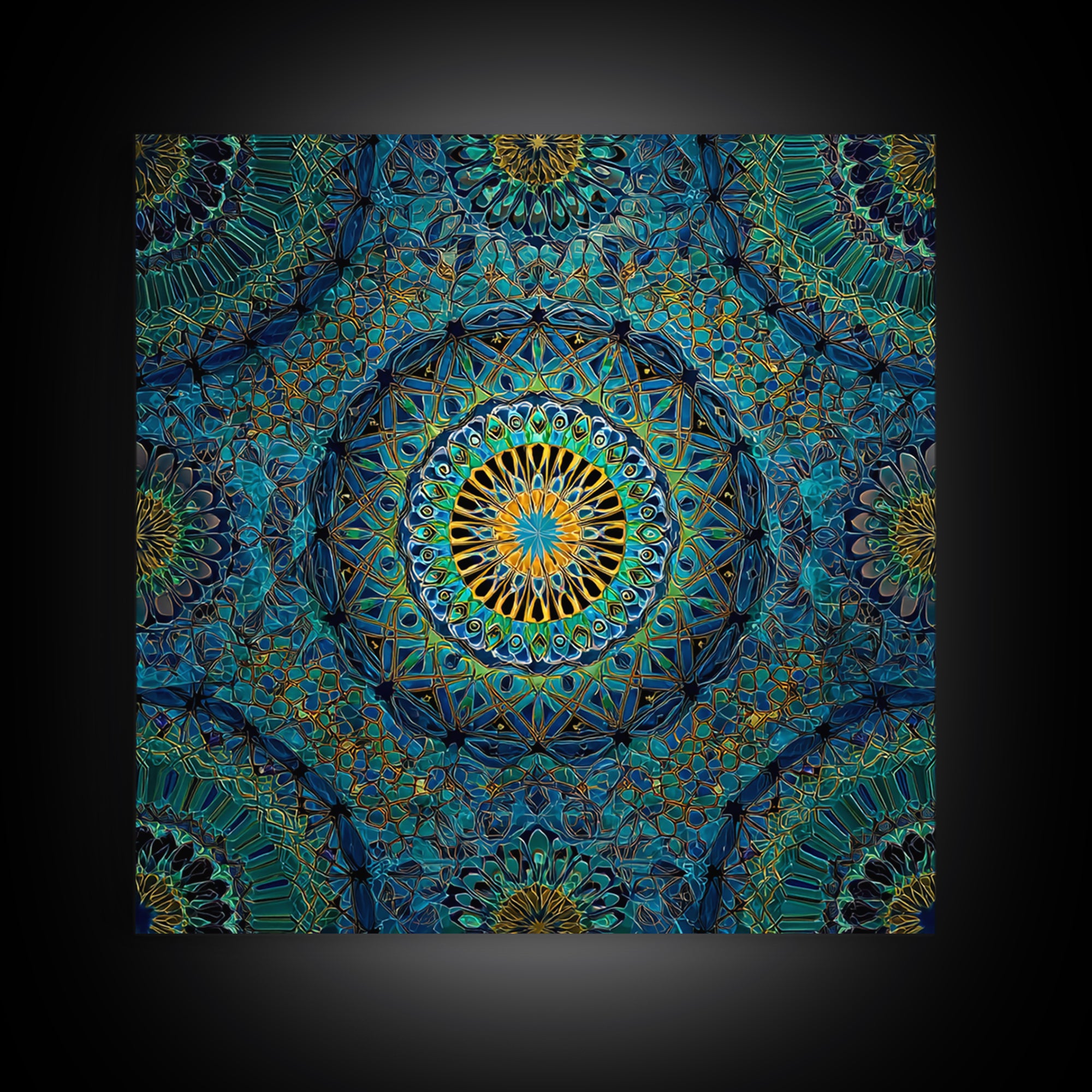 Teal Gold Geometric Mandala Wall Art, Sacred Geometry Abstract Print, Boho Spiritual Decor, Modern Meditation Room Art Gift