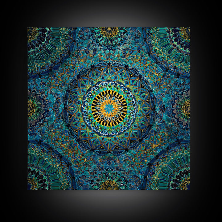 Teal Gold Geometric Mandala Wall Art, Sacred Geometry Abstract Print, Boho Spiritual Decor, Modern Meditation Room Art Gift