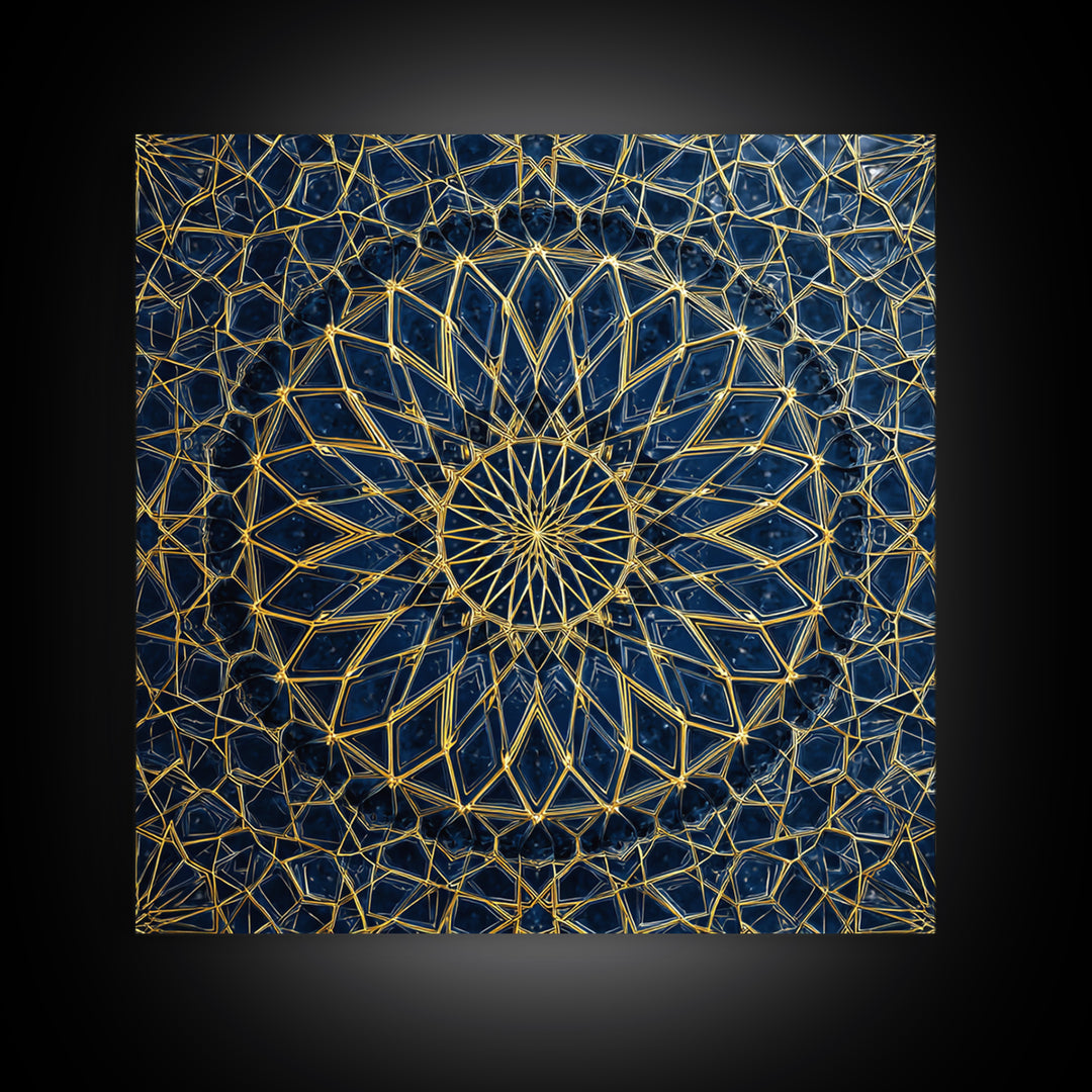 Blue Gold Geometric Mandala Canvas Print, Islamic Pattern Wall Art, Moroccan Abstract Decor For Meditation Room And Office