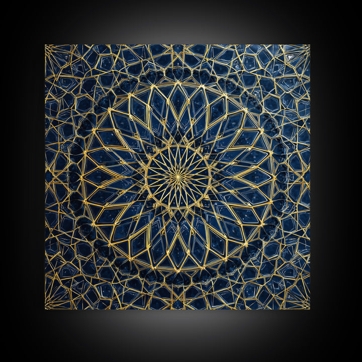 Blue Gold Geometric Mandala Canvas Print, Islamic Pattern Wall Art, Moroccan Abstract Decor For Meditation Room And Office