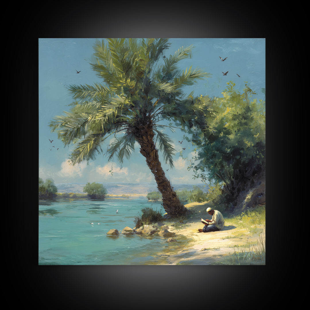Leaning Palm By Blue Lagoon Wall Art, Tropical Coastal Landscape Painting, Serene Nature Decor, Mediterranean Canvas Print