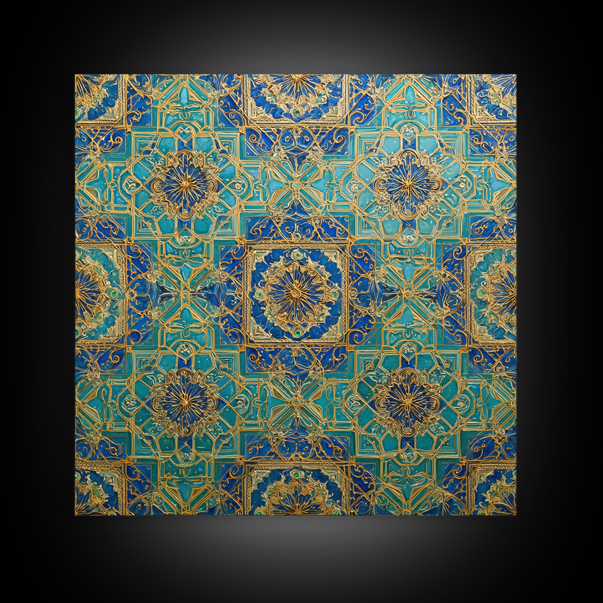 Blue And Gold Islamic Geometric Tile Wall Art, Moroccan Pattern Canvas Print For Elegant Home Decor And Meditation Room Decor