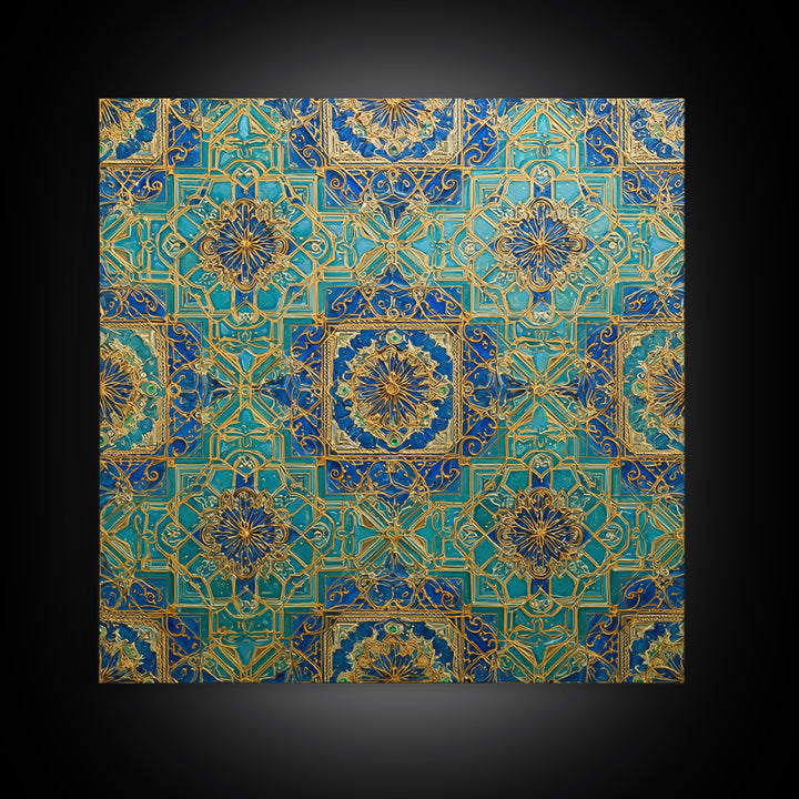 Blue And Gold Islamic Geometric Tile Wall Art, Moroccan Pattern Canvas Print For Elegant Home Decor And Meditation Room Decor
