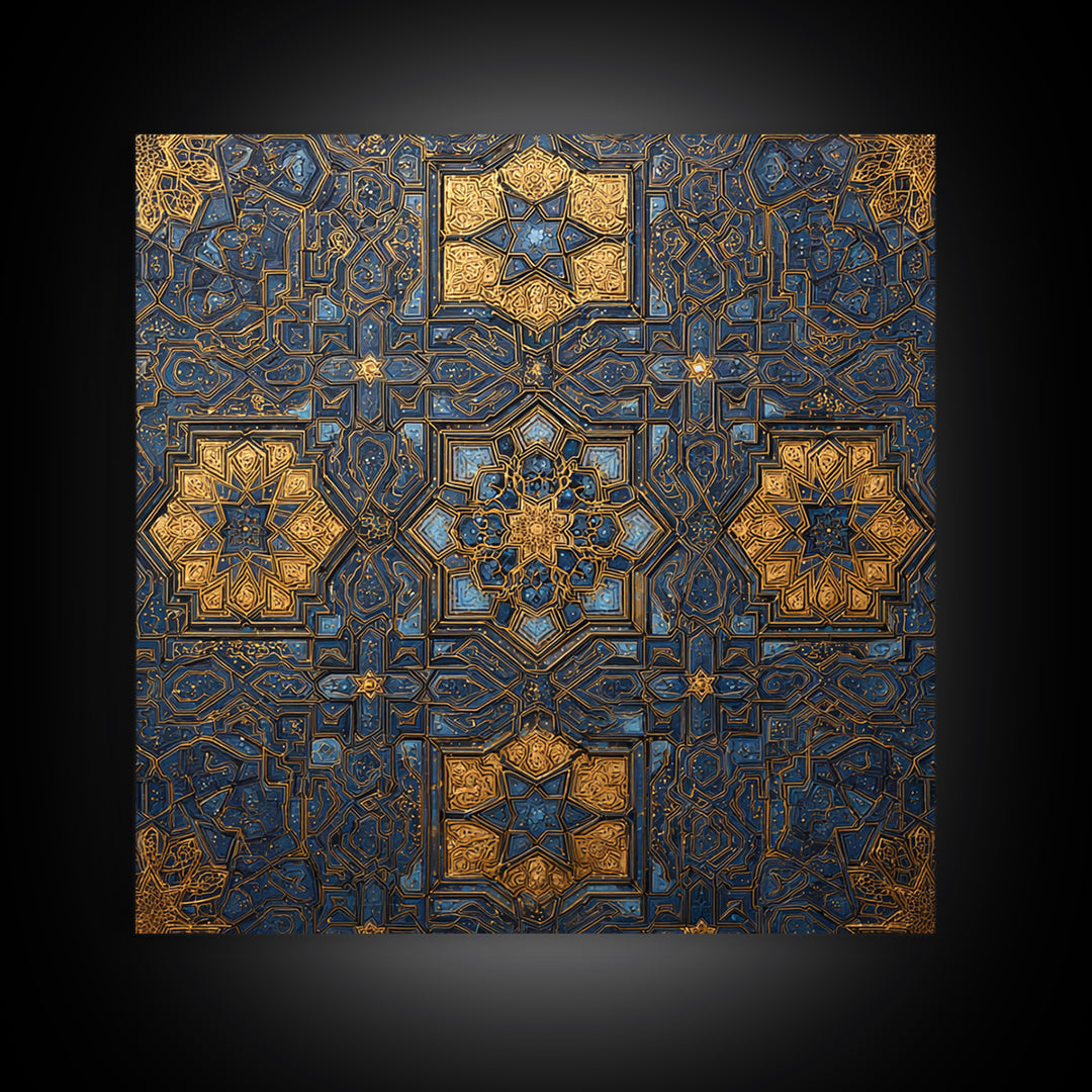 Blue Gold Islamic Geometric Tile Canvas Print, Moroccan Wall Art, Arabic Pattern Decor For Prayer Room And Modern Home Decor