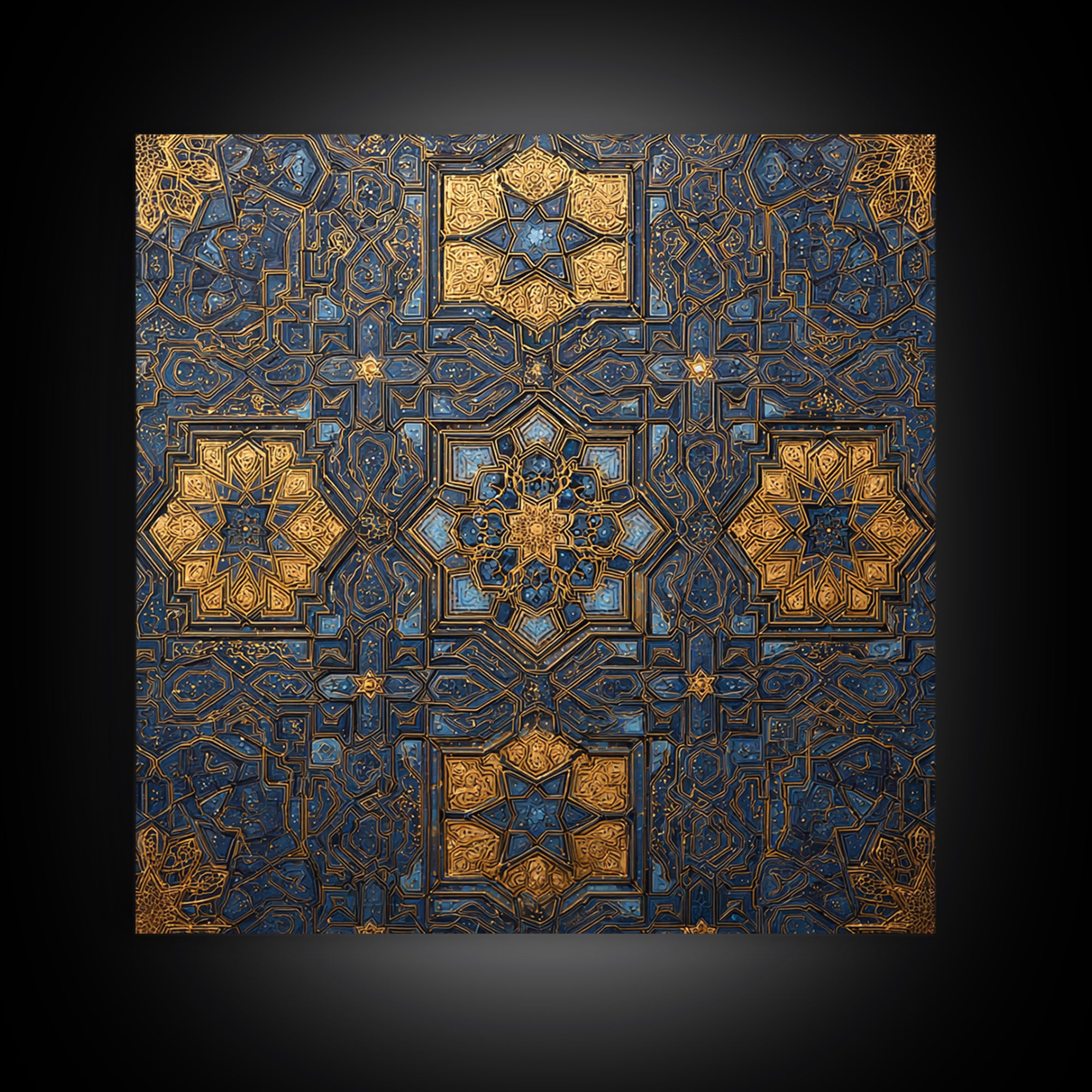 Blue Gold Islamic Geometric Tile Canvas Print, Moroccan Wall Art, Arabic Pattern Decor For Prayer Room And Modern Home Decor