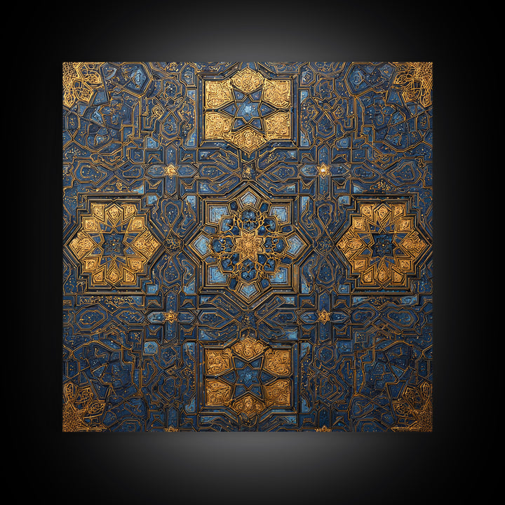 Blue Gold Islamic Geometric Tile Canvas Print, Moroccan Wall Art, Arabic Pattern Decor For Prayer Room And Modern Home Decor