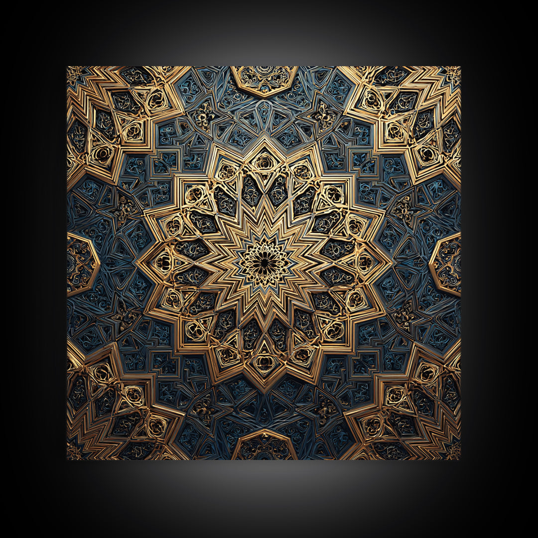Blue Gold Islamic Geometric Mandala Wall Art, Sacred Geometry Pattern, Moroccan Tile Decor, Meditation Room Statement Print