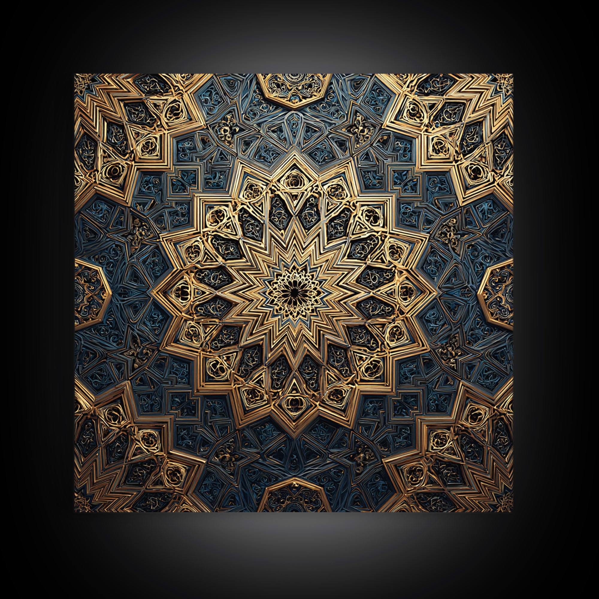 Blue Gold Islamic Geometric Mandala Wall Art, Sacred Geometry Pattern, Moroccan Tile Decor, Meditation Room Statement Print