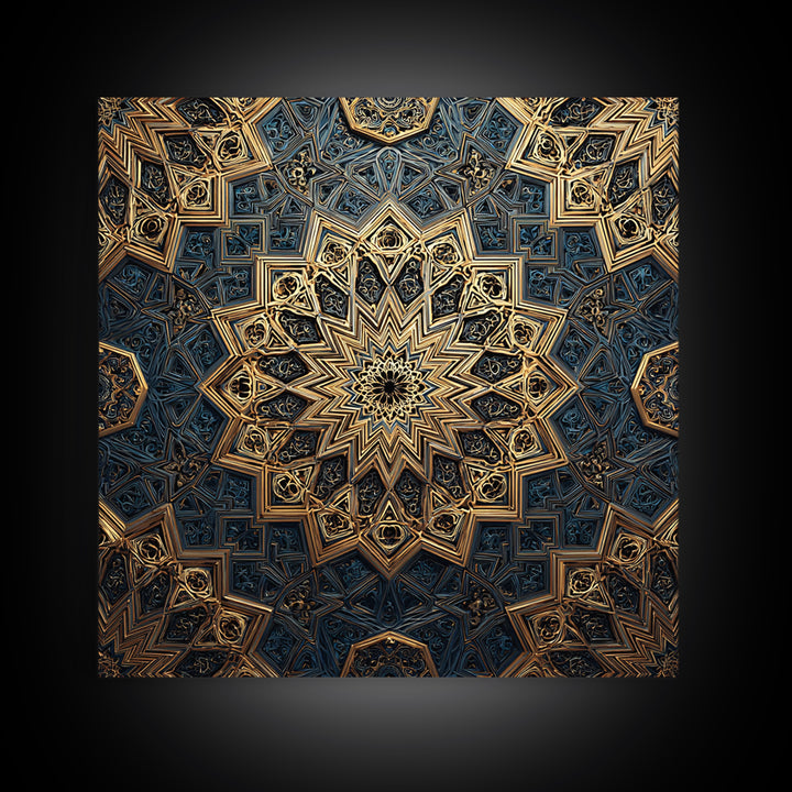 Blue Gold Islamic Geometric Mandala Wall Art, Sacred Geometry Pattern, Moroccan Tile Decor, Meditation Room Statement Print